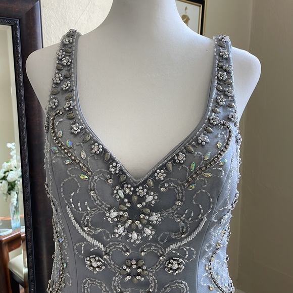 Size 6 very light gray-blue tank strap fully beaded midi by Abby Paris, like new - Picture 2 of 7
